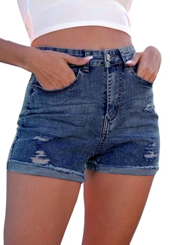 AGUCEG Mid-Rise Gekrempelte Denim-Shorts Damen Crimpen Hotpants Damen Ripped Jeansshorts für Sommer L Große Dunkelblau