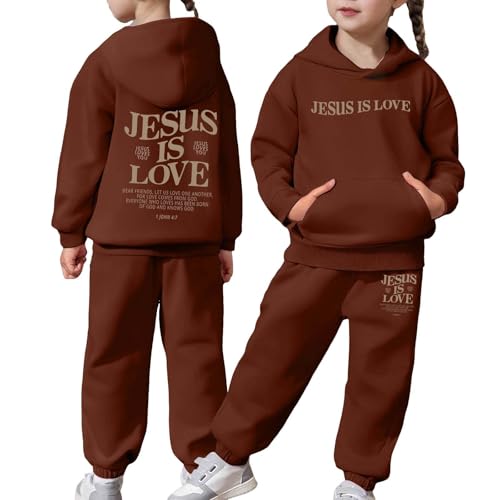 Girls Sweatsuit Set - 2 Piece Jesus is Love Letter Graphic Christian Pullover Hoodie Sweatshirt Jogger Sweatpants Fall Outfits White