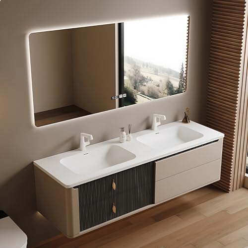Genpai 88" Bathroom Vanity with Double Sinks - LED Lights & Defogging Function, Featuring Electronic Display | Modern Bathroom Cabinet with 4 Drawers & Metal Handles (Style B)