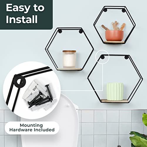 Greenco Geometric Hexagon Shaped Floating Shelves, Honeycomb Shelves, Home Decor, Metal Wire and Rustic Wood Wall Storage Shelves for Bedroom, Living Room, Bathroom, Kitchen and Office – Set of 3 - Thumbnail 5