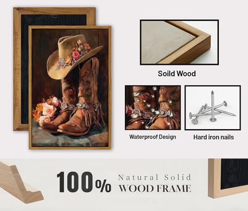Image of Western Wall Art Framed Cowgirl Boots Canvas Prints Rustic Cowboy Hat and Leather Boots Floral Painting Country Farmhouse Western Decor for Living Room Bedroom Aesthetic Artwork Home Decoration 24x36