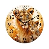 10 Inch Wooden Wall Clocks Lioness Mom And The Cub Creative Decorative Clock Silent Non-Ticking Quartz Battery Operated Arabic Numeral King of Animals Lion Clocks Home Office School Decoration