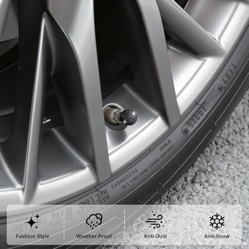Image of JUSTTOP 4 Pack Handmade Crystal Rhinestone Car Tire Valve Stem Caps, Wheel Valve, Attractive Dustproof Bling Accessories, Universal for Cars, Trucks and Motorcycles-Black