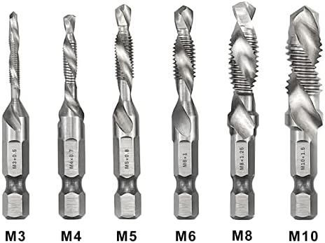6pcs Tap Drill Bits Set HSS Alloy Titanium Plated Coated Hex Shank Thread Drill Bits Combination Compound Tap Metric Coarse, for drilling tapping deburring countersinking(M3-M10)