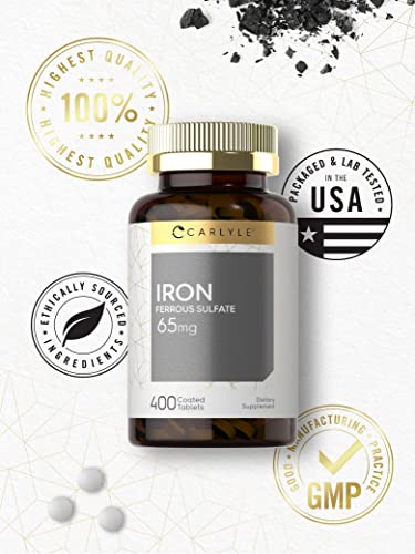 Iron Ferrous Sulfate 65 Mg | 400 Tablets | Non-Gmo, Gluten Free, And Vegetarian Supplement | High Potency | By Carlyle #TOP4