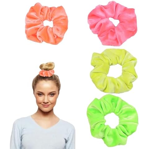 Neon Scrunchies for Hair 80s 90s - 4Pcs Winter Velvet Scrunchies for Women,Soft Hair Scrunchy Hair Elastics Bands Solid Colors Ponytail Holder Neon Hair Accessories for Women Girls 80s Party Outfit Cover