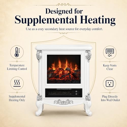 Image of FESTIVITY 18 inch Electric Stove Fireplace, 1500W Thermostat with 5100 BTU Heat Output, Adjustable Flame & Brightness Levels, Portable Electric Fireplace for Bedroom & Living Room-White & Silver