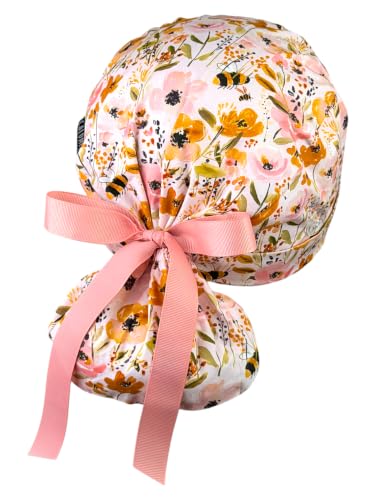 Image of Scrub Cap for Women and Men, Ponytail Scrub Caps, Working Hat, Head Cover with Ribbon Ties and Buttons, Long Hair