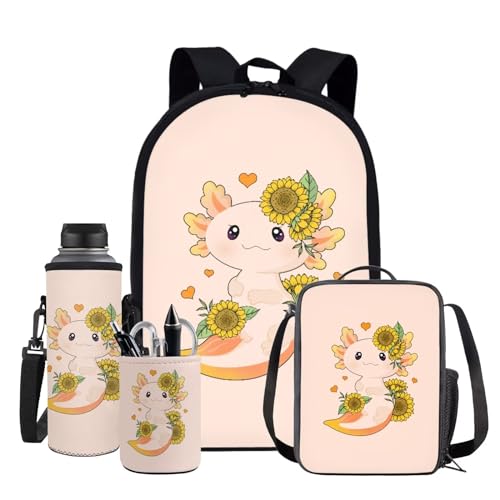 XXQGOMG Axolotl Backpack for Girls with Lunch Bag Sunflower School Backpacks for Toddler Girls Pink Book Bag Laege Capacity Backpacks Set 4 in 1 Birthday Gifts for Daughters