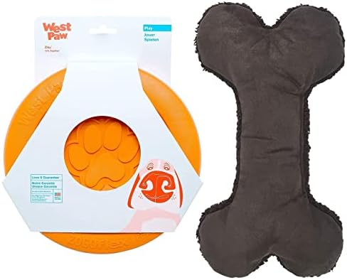 WEST PAW Zogoflex Zisc Dog Frisbee (Large, Tangerine) & Big Sky Bone Squeaky Plush Dog Toy (Jumbo, Chocolate) – Interactive Toys for Dogs