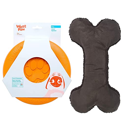 West Paw Zogoflex Zisc Dog Frisbee (Large, Tangerine) & Big Sky Bone Squeaky Plush Dog Toy (Jumbo, Chocolate) – Interactive Toys For Dogs #TOP25
