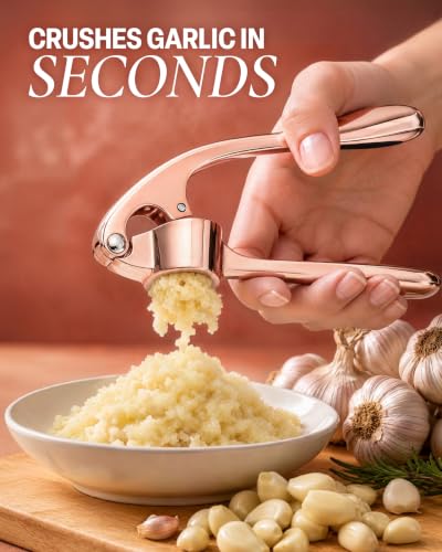 Image of Zulay Kitchen Premium Garlic Press Set - Rust Proof Professional Garlic Mincer Tool - Easy-Squeeze, Easy-Clean with Soft Handle - Silicone Garlic Peeler & Brush (Rose Gold)