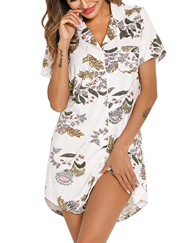 Image of Samring Pajama Nightgown for Women Short Sleeve Button Down Boyfriend Night Gown Nightdress Sleep Shirts