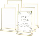 MaxGear 8.5x11 Gold Acrylic Sign Holder 6 Pack, Wedding Gold Table Number Holders, Double Sided Picture Frame Paper Stand Photo Display, Clear Menu Flyer Stand for Wedding, Home, Restaurant
