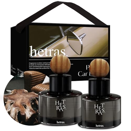 Image of hetras Premium Car Diffuser Set (Hotel Wood Scent)-Luxury Dashboard Air Freshener | 2-Pack (2.6 fl.oz Each) with Natural Wood Balls & Non-Slip Pads | Warm Woody Amber Aroma | Car Interior Decor & Gift