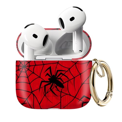 GKZX for AirPods 4 Case Cute AirPod 4th Generation Cases Cover for Women Girly with Gold Keychain for AirPod 4 Cover 2024 (Spider Web Red Background Pattern Print)