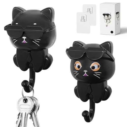 Minfuerang 2 Pièces Crochets Muraux Auto-Adhésifs Créatif,Crochets à Clés Chat Lunettes de Soleil,Robustes et Durables pour Clés, Vêtements, Bijoux,...