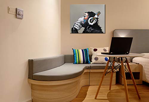 Yatehui Cool Ape Oil Painting On Canvas 100% Hand Painted Pop Art Funny Gorilla Thinking Monkey Listening To Music With Headphone Canvas Wall Art Framed Ready To Hang 24 X 20 Inches #TOP1
