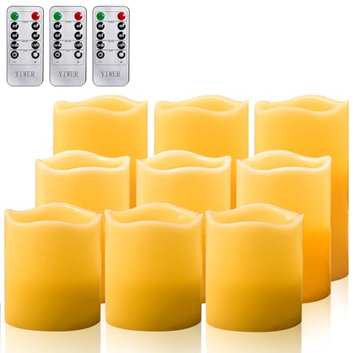 Image of YIWER Wax Flameless Candles, Battery Operated Candle with 10-Key Remote and Time Flickering Light Ivory Pillar Fake Decor for (D3.15 x H 4 inch /5 inch /6 inch,9-Pack)