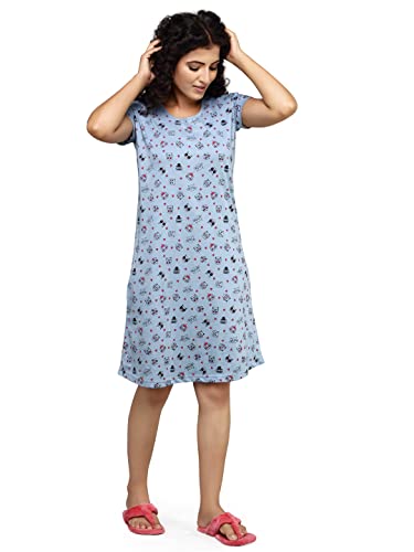 Image of Meerkat Women Short Sleeve Knee Length Cotton Knits Printed Short Nighty /Long Shirt /Midi