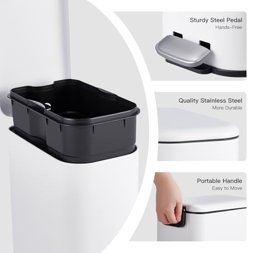 Image of GarveeHome 3.2 Gal Slim Trash Can, Step Garbage Can with Soft-Close Lid, Stainless Steel Recycling Bin Waste Container with Removable Inner Bucket for Kitchen, Bathroom, Office, White