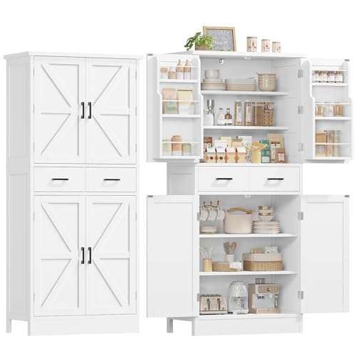 Image of TEENFON Farmhouse Pantry Cabinet, 66.9″H Tall Kitchen Storage Cabinet with Barn Doors, Adjustable Shelves & Drawer, Freestanding Cupboard for Kitchen, Dining Room, Living Room, Bathroom, White