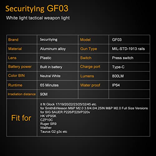 Securitying Gf03 800 Lumens Mini Pistol Light, Usb Rechargeable Rail Mounted Tactical Weapon Light, Quick Release Compact Waterproof Weaponlight For Mil-Std-1913 Rails, Built-In Battery #TOP6