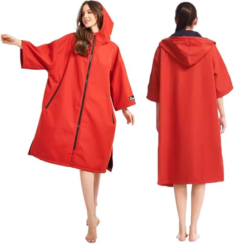Oksun Waterproof Changing Robe, Windproof Swim Parka Oversize Surf Poncho Hooded Jacket Warm Coat Thin Fleece Lining 3/4 Sleeve (Red)