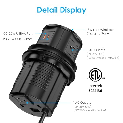 Pop Up Outlet with 15W Wireless Charger, 4 AC Outlets & PD 20W USB Fast Charging, 4.75 inch Desk Hole Power Grommet Connect 6FT Cord for Office, Conference, Kitchen Use(ETL & FCC Listed) by VILONG - Image 6