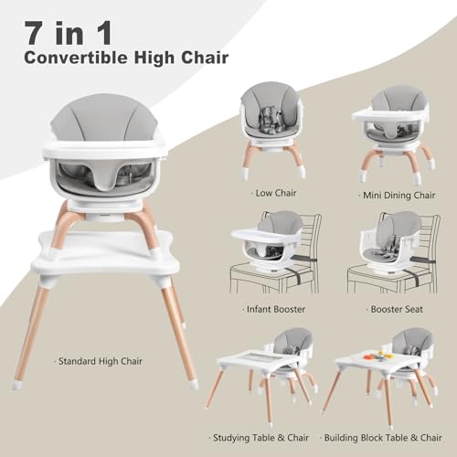 Image of Baby High Chair, 7 in 1 Convertible High Chairs for Babies and Toddlers, Kids Learning Table, Building Block Table, Toddler Dining Chair with 360 Rotating Seat, 5-Point Safety Harness (Grey)