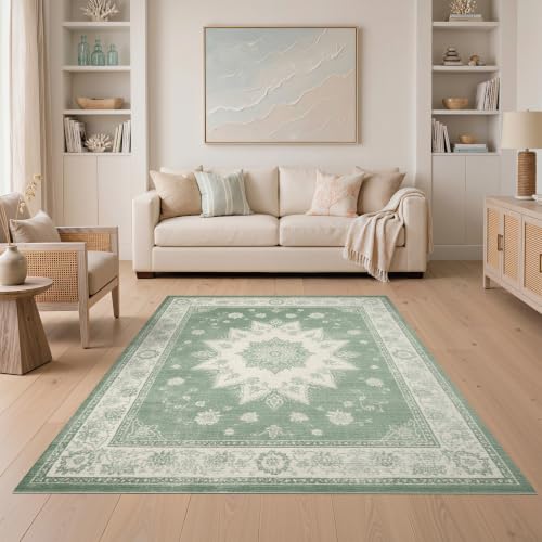 ODIKA 5'x7' Green Sage Starburst Boho Design Washable Area Rug