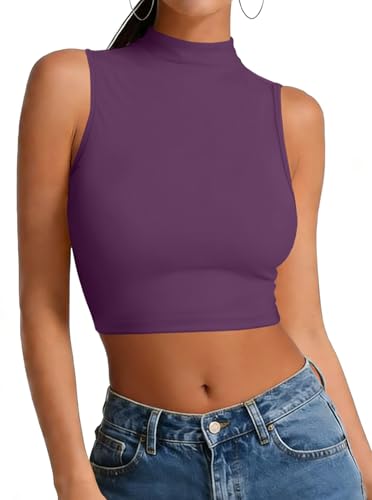 LovelyWholesale Womens Sexy Crop Tops Turtle Neck Summer Tank Top Sleeveless Shirt Dark Purple X-Large