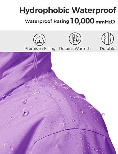 Wantdo Mädchen Winterjacke Verdickte Windjacke wasserdichte Skijacke Atmungsaktive Wanderjacke Outdoor Kapuzenjacke Winddichter SchneeMäntel Grau+lila 128-134