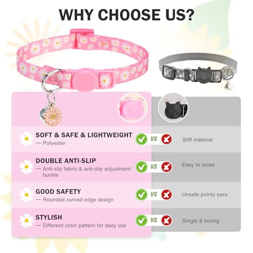 Image of 3 Pack Breakaway Cat Collars with Bell- Daisy Pendant Spring Cat Collar for Girl Boy Cats with Safety Buckle- Cute Kitten Collar Adjustable 8 inch-12 inch for Kitty Puppy Small Pets
