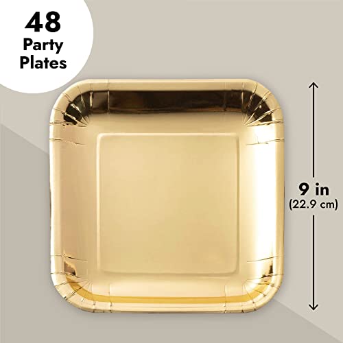 Gold Paper Plates - 48-Pack Disposable 9-Inch Square Plates For Cake, Appetizer, Dessert, Lunch, Metallic Gold Foil, Birthday Party Supplies #TOP3