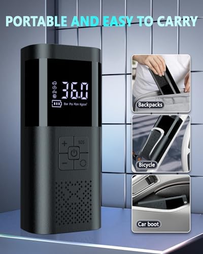 Electric Air Pump, Portable Battery Compressor with Pressure Gauge, Bicycle Pump Electric 150 PSI, Car Accessories for Men, Mini Air Pump Bicycle with LED for Car, Motorcycle, Bicycle Ball - View 8