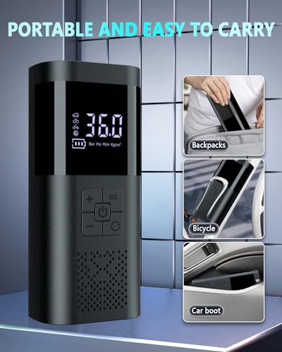 SERVOMASTER Elektrische Luftpumpe,Tragbar Akku Kompressor mit Manometer, Fahrradpumpe Elektrisch 150PSI, Auto Zubehör für Männer, Mini Luftpumpe Fahrrad mit LED für Auto Motorrad Fahrrad Kugel