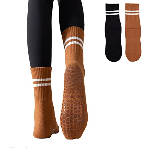 Jczanxi Yoga Socks With Grips For Women, Non Slip Grip Crew Socks For Yoga, Pilates, Barre, Dance, Ballet, Workouts (2 Pairs) (Black/Caramel) #TOP6