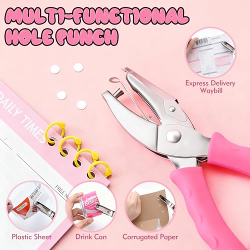 CNTVO Single Hole Punch, 2 Pcs 1/4\" and 1/8\" Hole Puncher with Pink Soft Grip for Home, Office and Classroom, Handheld Circle Small Hole Paper Punch for Crafts, Scrapbooks, Tags, Tickets - Thumbnail 6