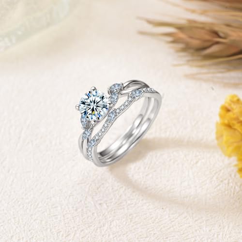 1-4/5 Carats Round Cut Moissanite Engagement Ring Sets for Women,18K White Gold Platinum Plated Infinity Wedding Rings Sets With Leaf S925 Stackable Bridal Ring Sets Gift for Anniversary Wedding3