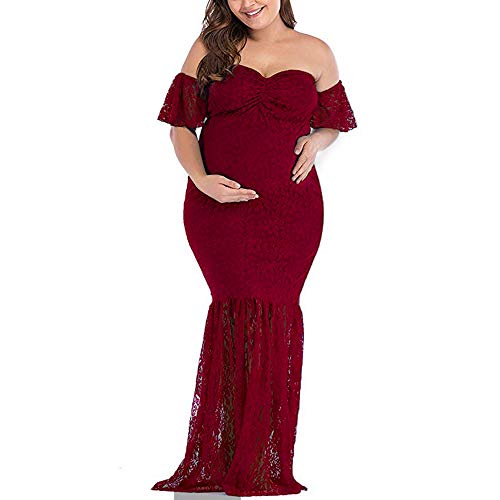 Pregnant Women's Off Shoulder Maternity Lace Dress Ruffle Slim Fit Gown Maxi Photography Dress (XL, Wine Red)