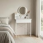 joukares Dressing Table with LED Mirror, 3 Light Modes, Makeup Vanity Desk with Drawer, 3 Storage Shelves, Compact Dressing Table for Small Spaces (White)