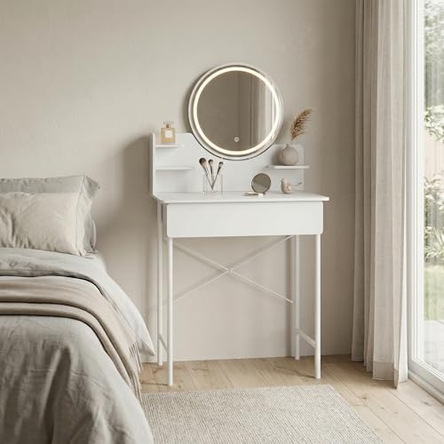 Image of joukares Dressing Table with LED Mirror, 3 Light Modes, Makeup Vanity Desk with Drawer, 3 Storage Shelves, Compact Dressing Table for Small Spaces (White)