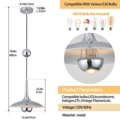 Adcthome Farmhouse Pendant Light, Chrome Modern Pendant Light Fixtures, Barn Pendant Lamp，Adjustable Hanging Light Fixture With Metal Shade, For Kitchen Island Restaurant Lighting Dining Room Bar #TOP1