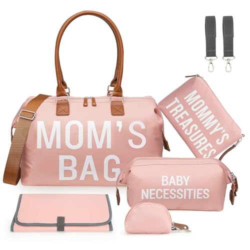 Image of printe Large Diaper Bag Tote with Changing Pad, 2 Organized Pouches, Mom's Bag for Hospital with Pacifier Case, Straps, Stroller Hook, Hospital Weekender Travel Pink Baby Diaper Tote Bag