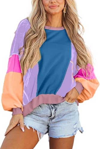 Image of KevaMolly Womens Long Sleeve Tops Colorblock Patchwork Exposed Stitching Oversize Top Round Neck Casual Pullover
