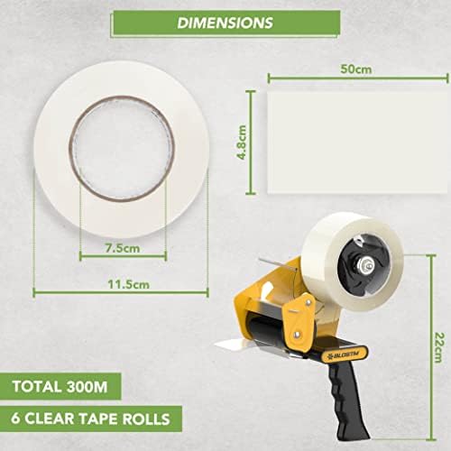 BLOSTM Tape Gun & Strong Packing Tape - 6pcs, Clear Packaging Tape Dispenser Includes 6 Rolls Of Clear Packing Tape - Packing Boxes for Moving House, Sealing Parcel Boxes Etc.