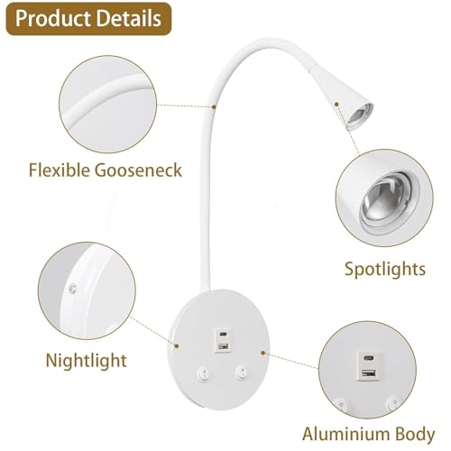 Image of White Headboard Reading Light, 2 Pack Led Wall Mounted Book light, Bedroom Reading Lamp, USB Output, Night Light & Switch, Wall Sconce for Bedtime Reading, Gooseneck Headboard Bed Lights Wall Sconce