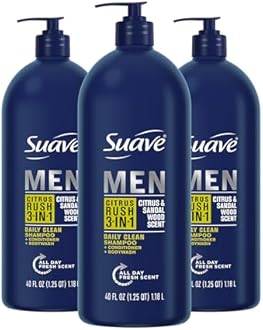 Suave Shampoo Conditioner Bodywash Men 3 in 1 Citrus & Sandal Wood to Cleanse and Nourish Hair and Skin, 40 oz Pack of 3