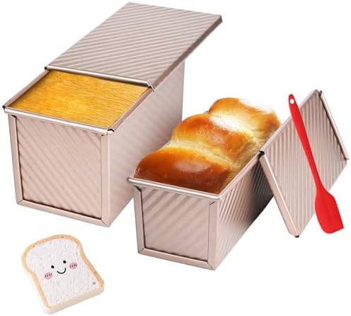 Pullman Loaf Pan with Lid, 2 Pack 1 lb Dough Capacity for Homemade Bread, Non-stick Corrugated Carbon Steel Bread Toast Box with Cover for Bakeware, Sandwich & Toast Oven Baking, Gold - Thumbnail 5